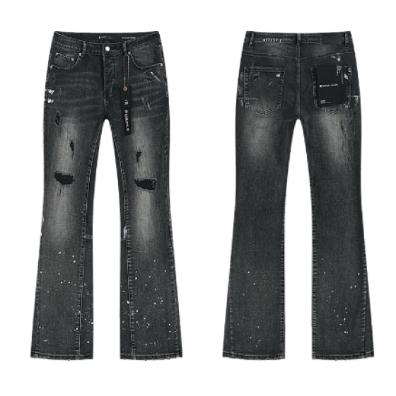 Black Washed Flared Denim Jeans with Knee Slits and Paint Splatter